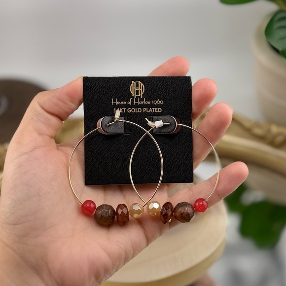 House of Harlow 1960 14KT Gold Plated Hoop Earrings with Multi-Colored Beads - Picture 1 of 6